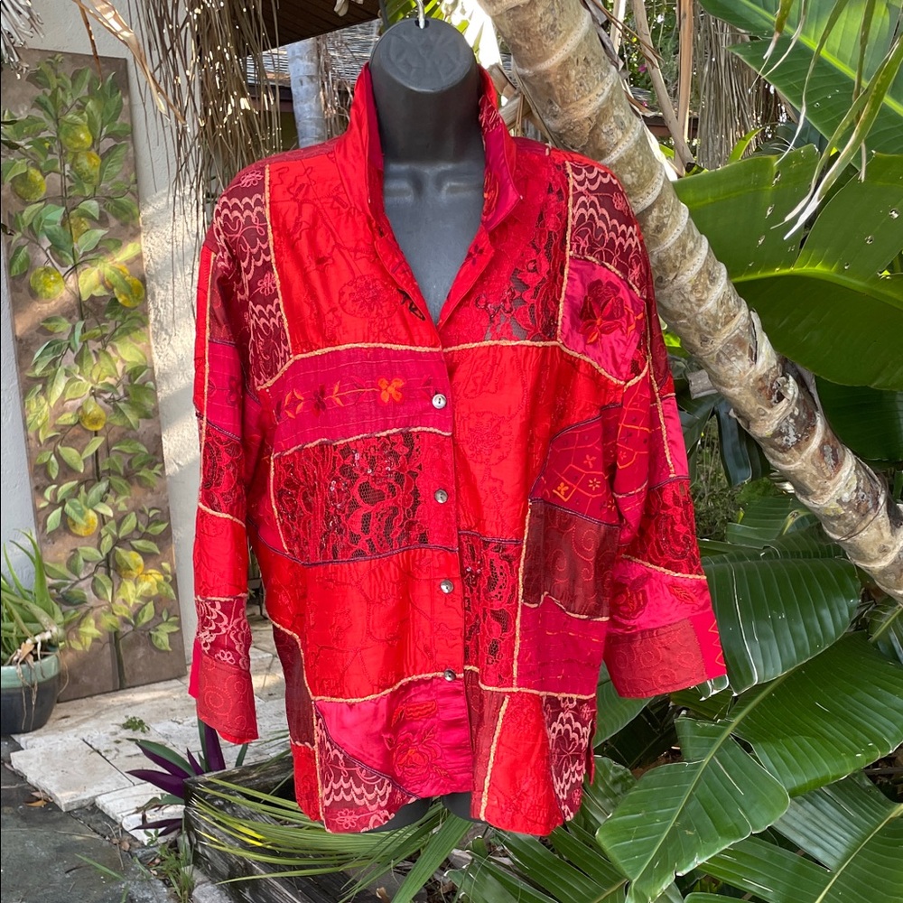 Chico’s patchwork, Bohemian, brocade and lace jacket